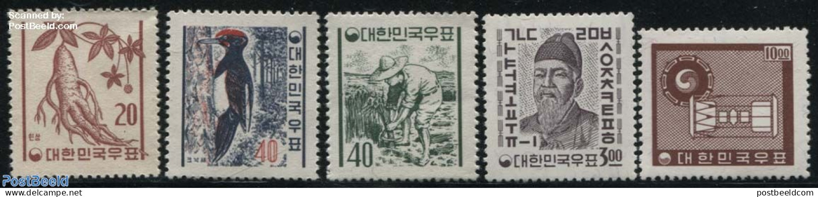 Korea, South 1961 Definitives 5v, Mint NH, Nature - Various - Birds - Agriculture - Woodpeckers - Agriculture