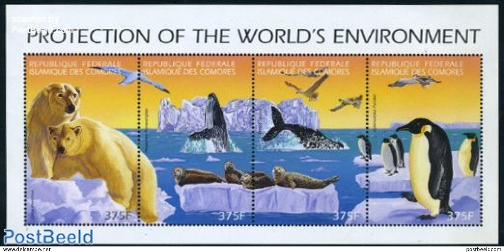 Comoros 1999 Environment 4v M/s, Mint NH, Nature - Animals (others & Mixed) - Bears - Birds - Penguins - Sea Mammals - Comores (1975-...)