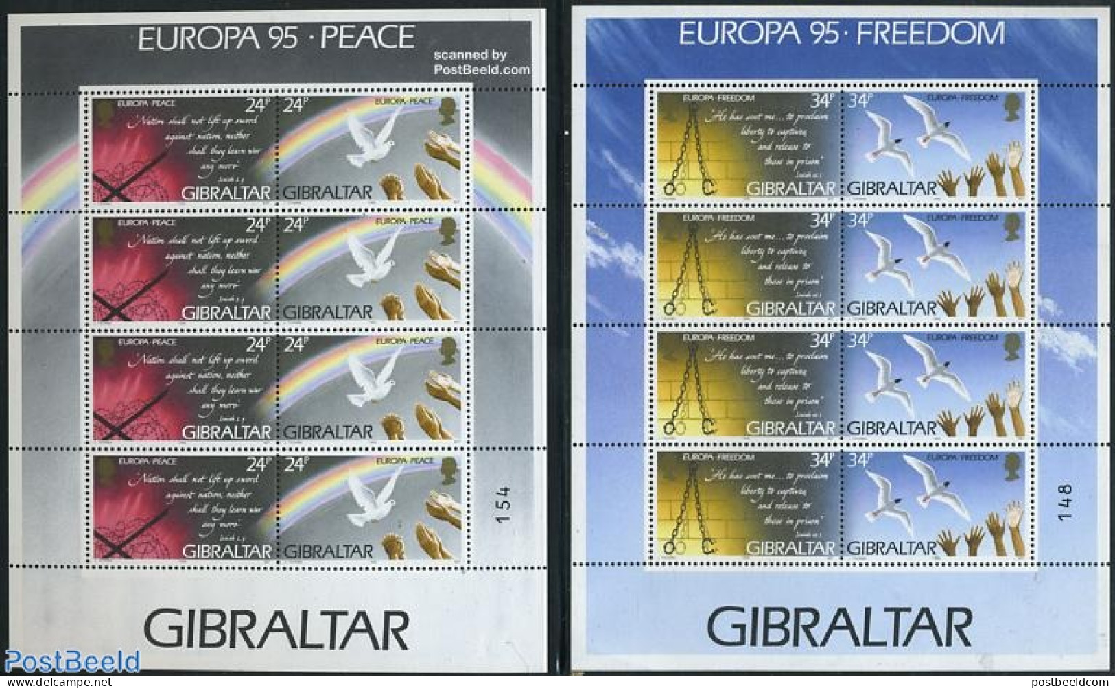 Gibraltar 1995 EUROPA 2 M/sS, Mint NH, History - Nature - Europa (cept) - Birds - Pigeons - Gibraltar