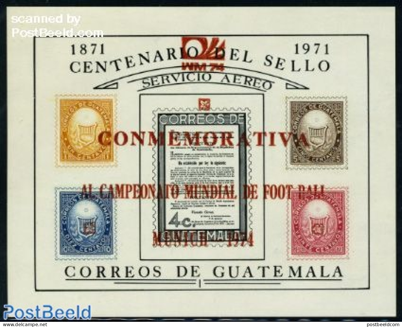 Guatemala 1974 World Cup Football S/s (red Overprint), Mint NH, Sport - Football - Stamps On Stamps - Sellos Sobre Sellos