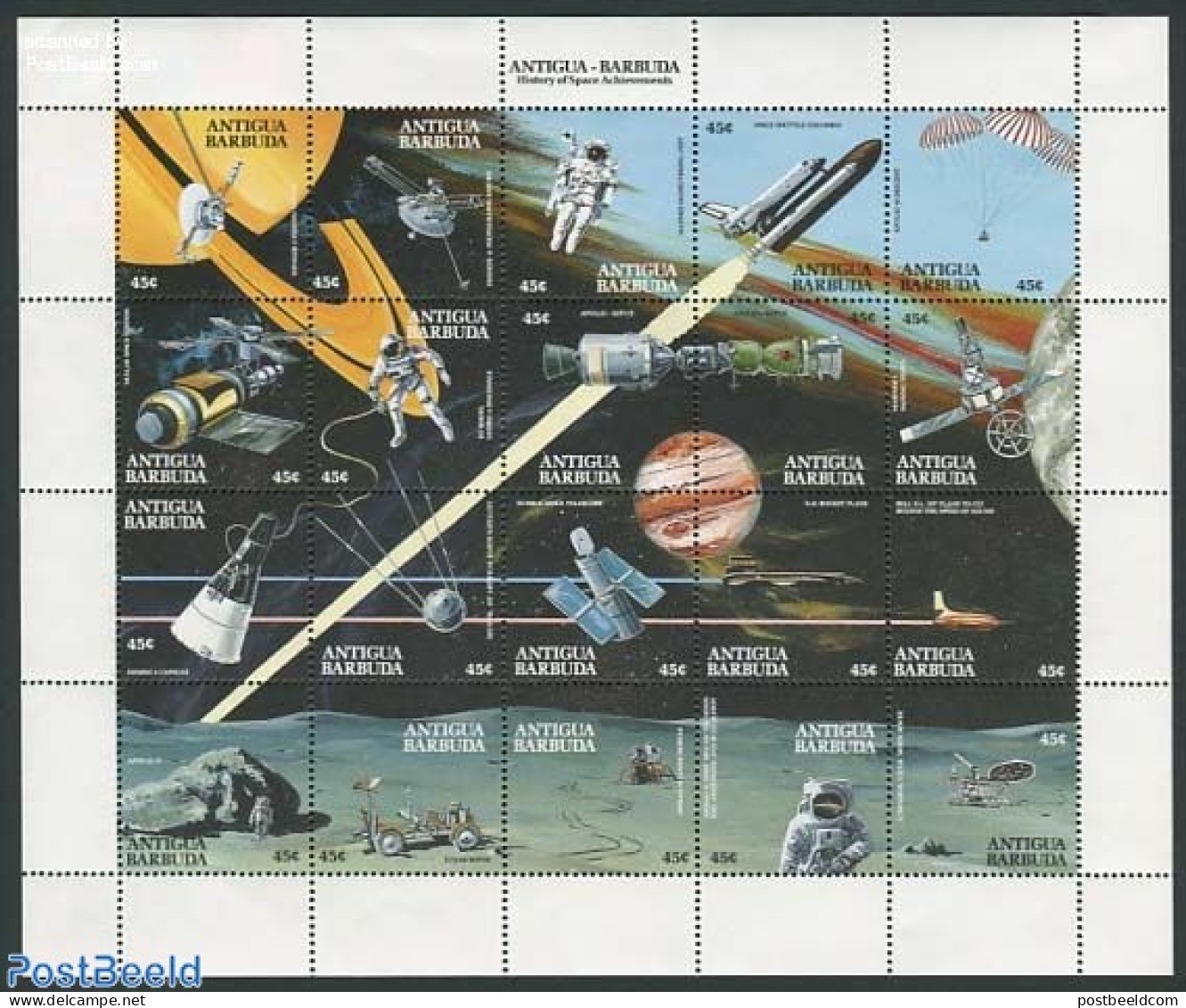 Antigua & Barbuda 1990 Space History 20v M/s, Mint NH, Transport - Space Exploration - Antigua Und Barbuda (1981-...)