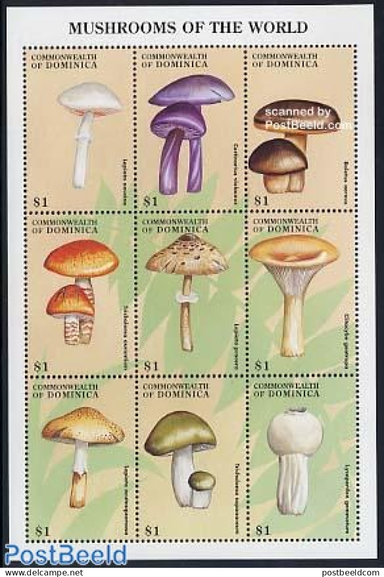 Dominica 1998 Mushrooms 9v M/s, Lepiota Nacina, Mint NH, Nature - Mushrooms - Champignons