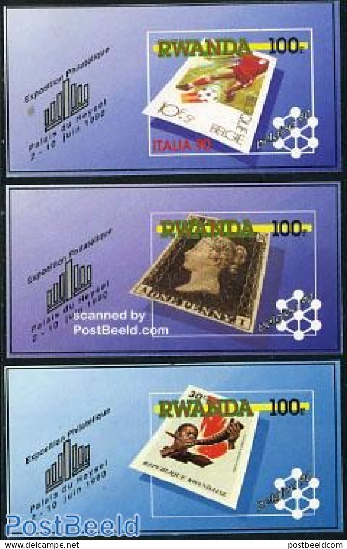 Rwanda 1990 Belgica 90 3 S/s, Mint NH, Sport - Football - Philately - Stamps On Stamps - Sellos Sobre Sellos