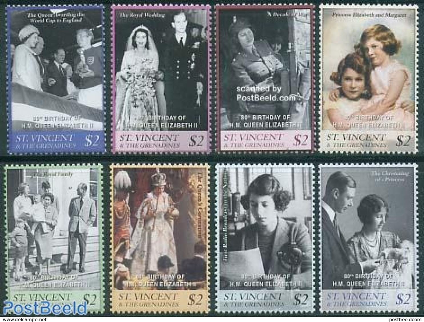 Saint Vincent 2006 Queen 80th Anniversary 8v, Mint NH, History - Kings & Queens (Royalty) - Familias Reales