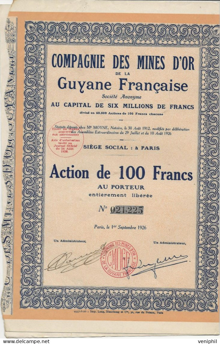 COMPAGNIE DES MINES D'OR  DE LA GUYANE FRANCAISE - LOT DE 3 ACTIONS DE 100 FRS -ANNEE 1926 - Mines