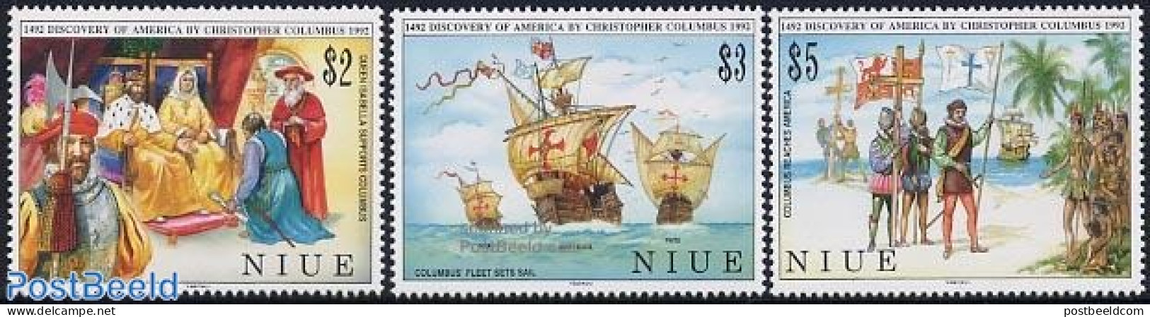 Niue 1992 Discovery Of America 3v, Mint NH, History - Transport - Explorers - Flags - Kings & Queens (Royalty) - Ships.. - Exploradores