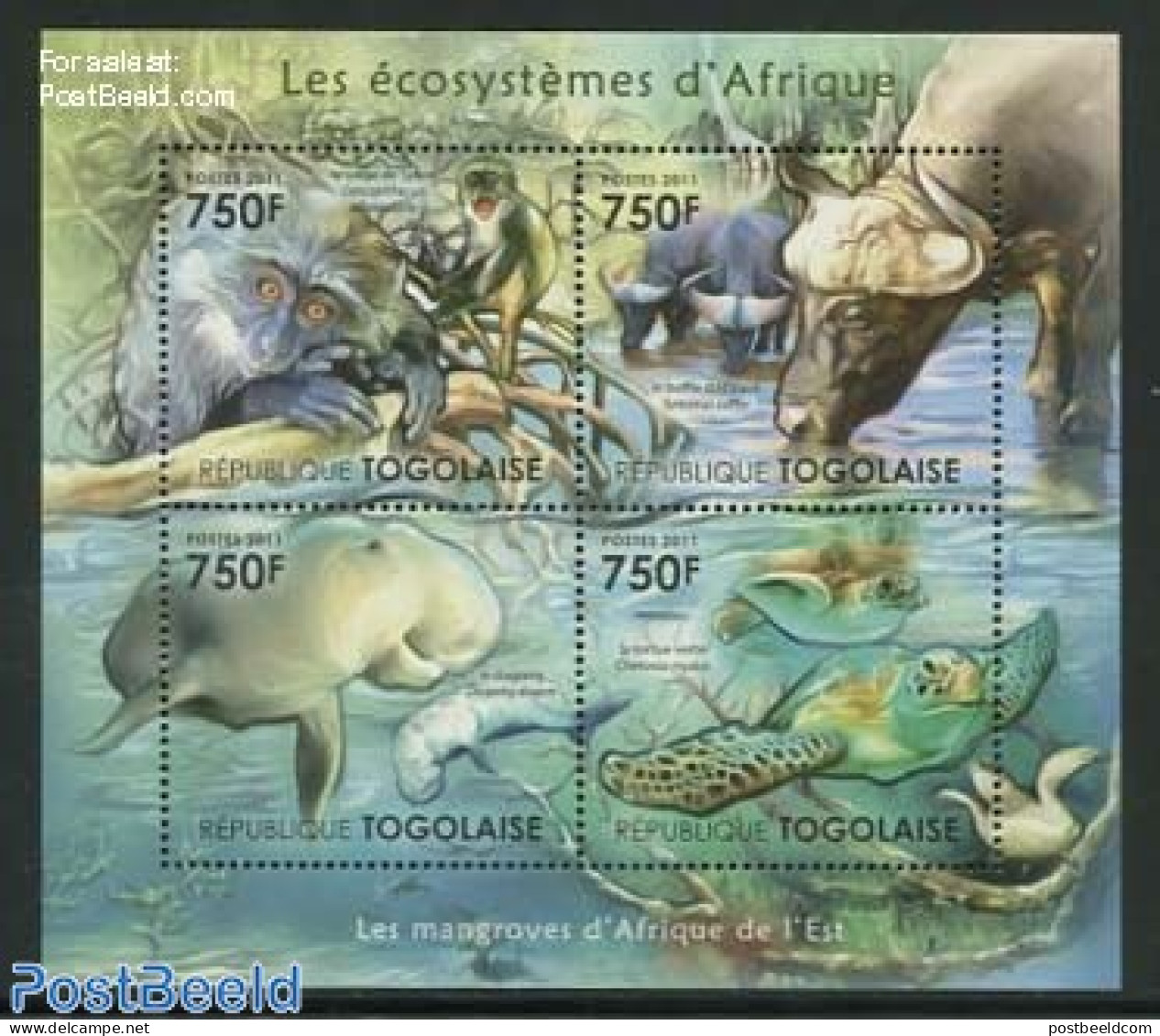 Togo 2011 Ecosystem 4v M/s, Mint NH, Nature - Animals (others & Mixed) - Monkeys - Sea Mammals - Turtles - Togo (1960-...)