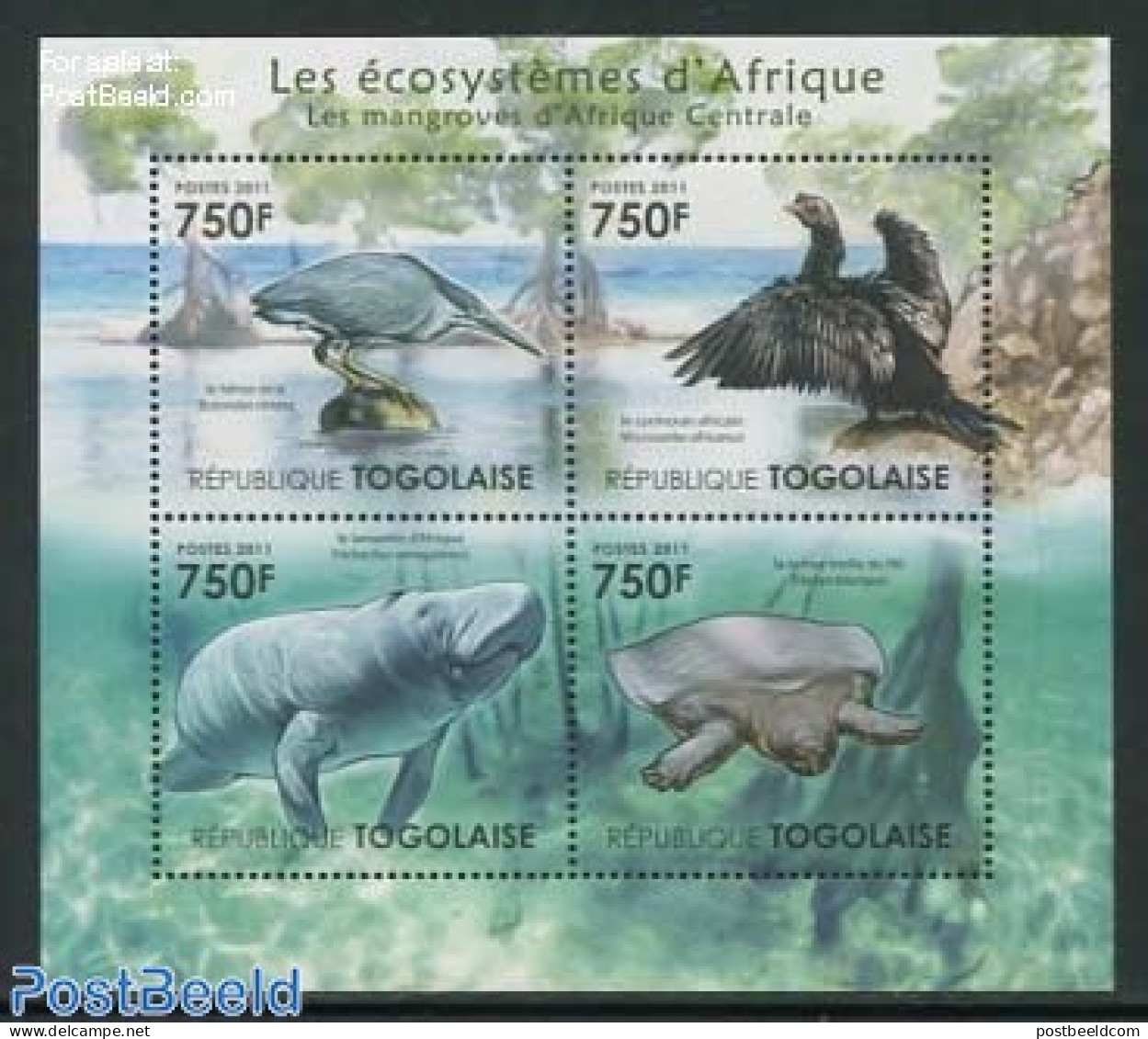 Togo 2011 Ecosystem, Heron 4v M/s, Mint NH, Nature - Birds - Sea Mammals - Turtles - Togo (1960-...)