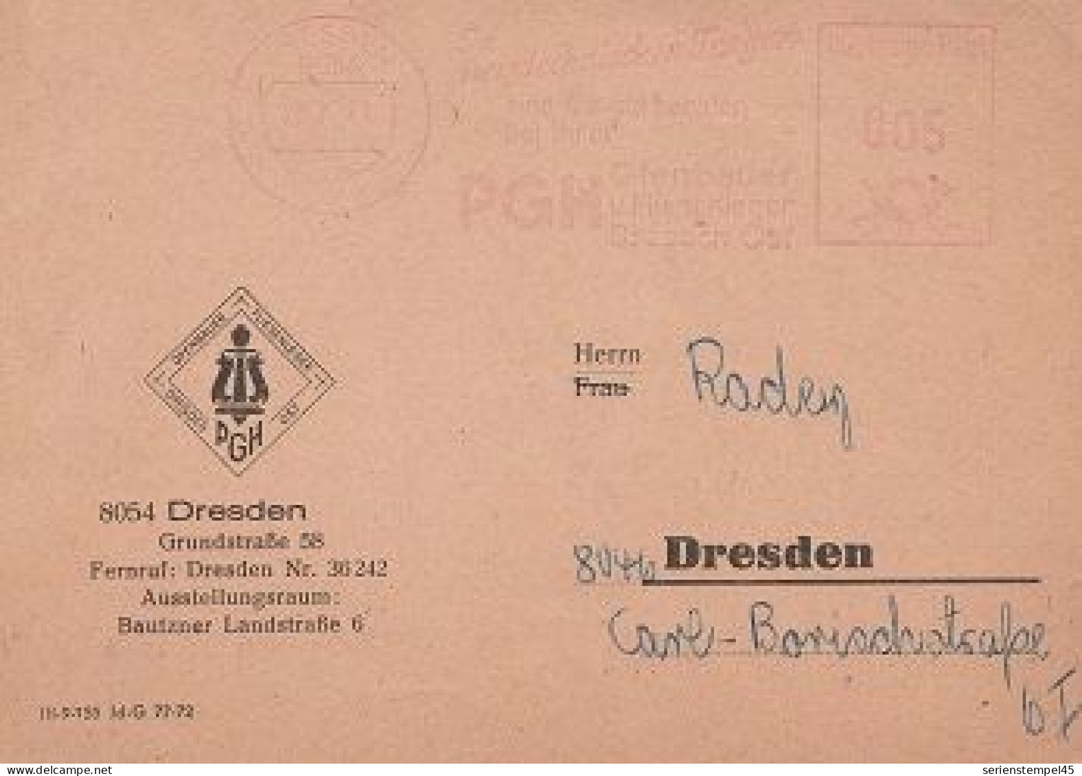 DDR Karte Mit Freistempel Dresden 1975 Rot PGH Ofenbauer Und Fliesenleger - Maschinenstempel (EMA)