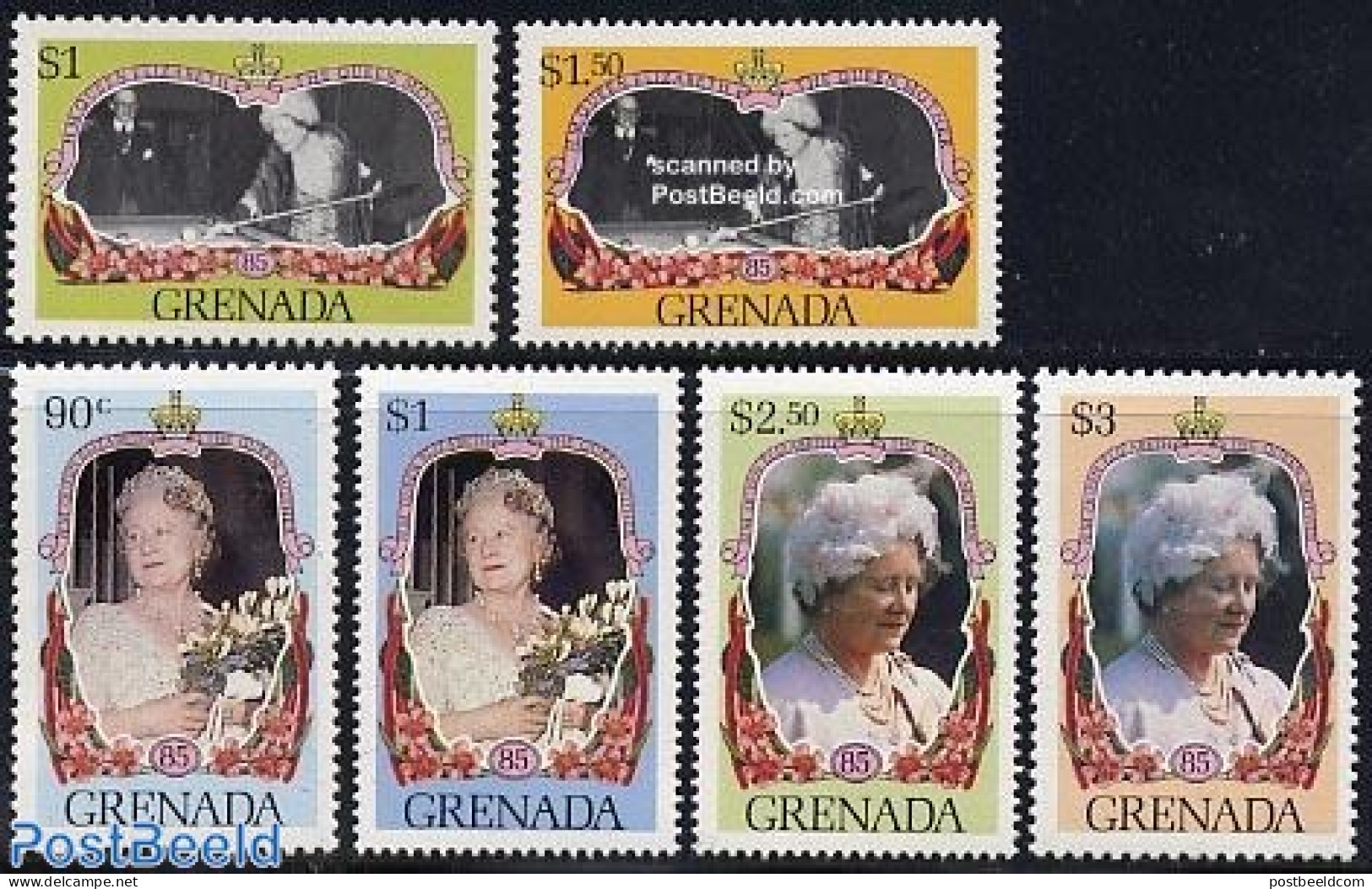 Grenada 1985 Queen Mother 6v, Mint NH, History - Nature - Kings & Queens (Royalty) - Flowers & Plants - Familias Reales
