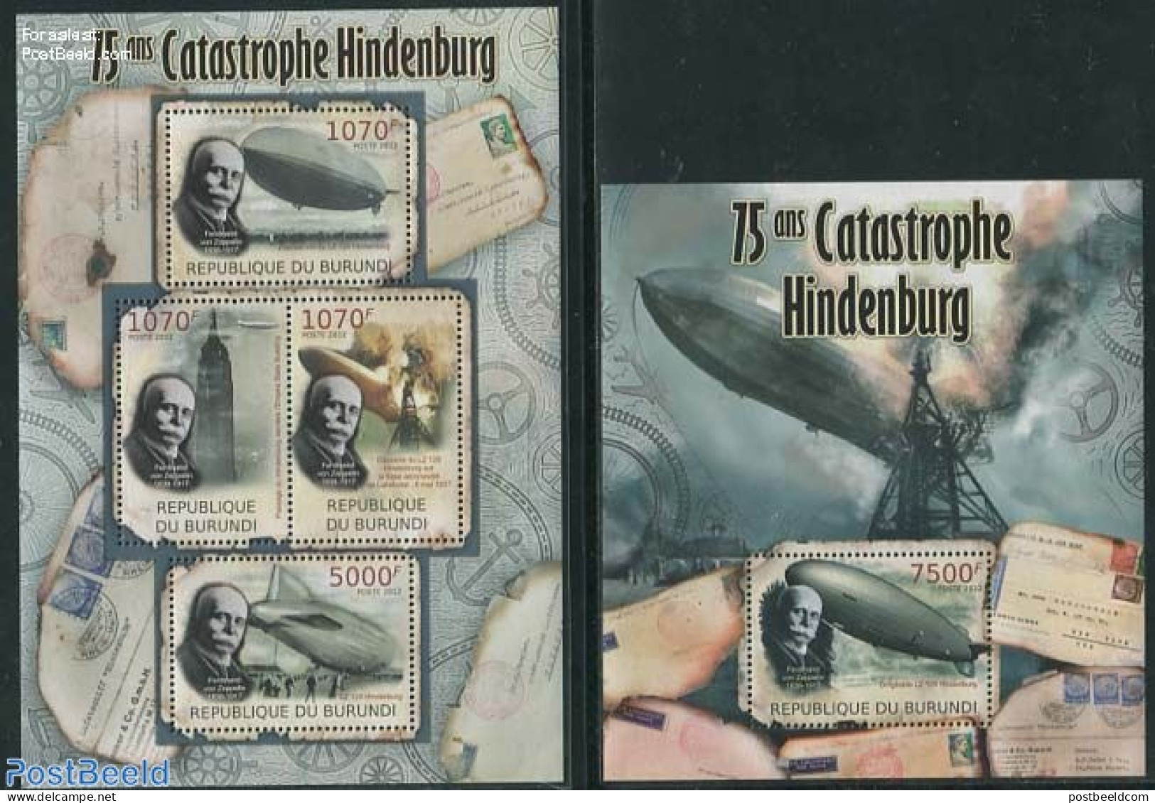 Burundi 2012 Hindenburg Catastrophe 2 S/s, Mint NH, History - Transport - Zeppelins - Disasters - Zeppeline