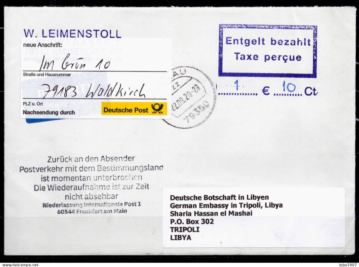 Corona Covid 19 Postal Service Interruption "Zurück An Den Absender... " ( 66x27mm )  Reply Coupon Paid Cover To TRIPOLI - Libyen