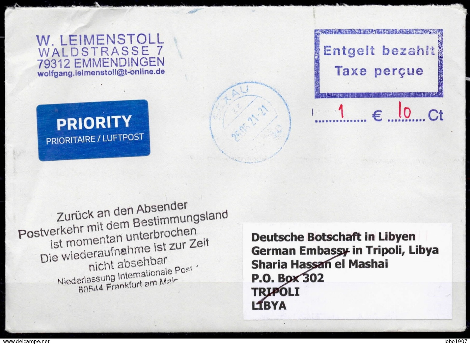 Corona Covid 19 Postal Service Interruption "Zurück An Den Absender... " ( 74x29mm )  Reply Coupon Paid Cover To LYBIA - Libyen