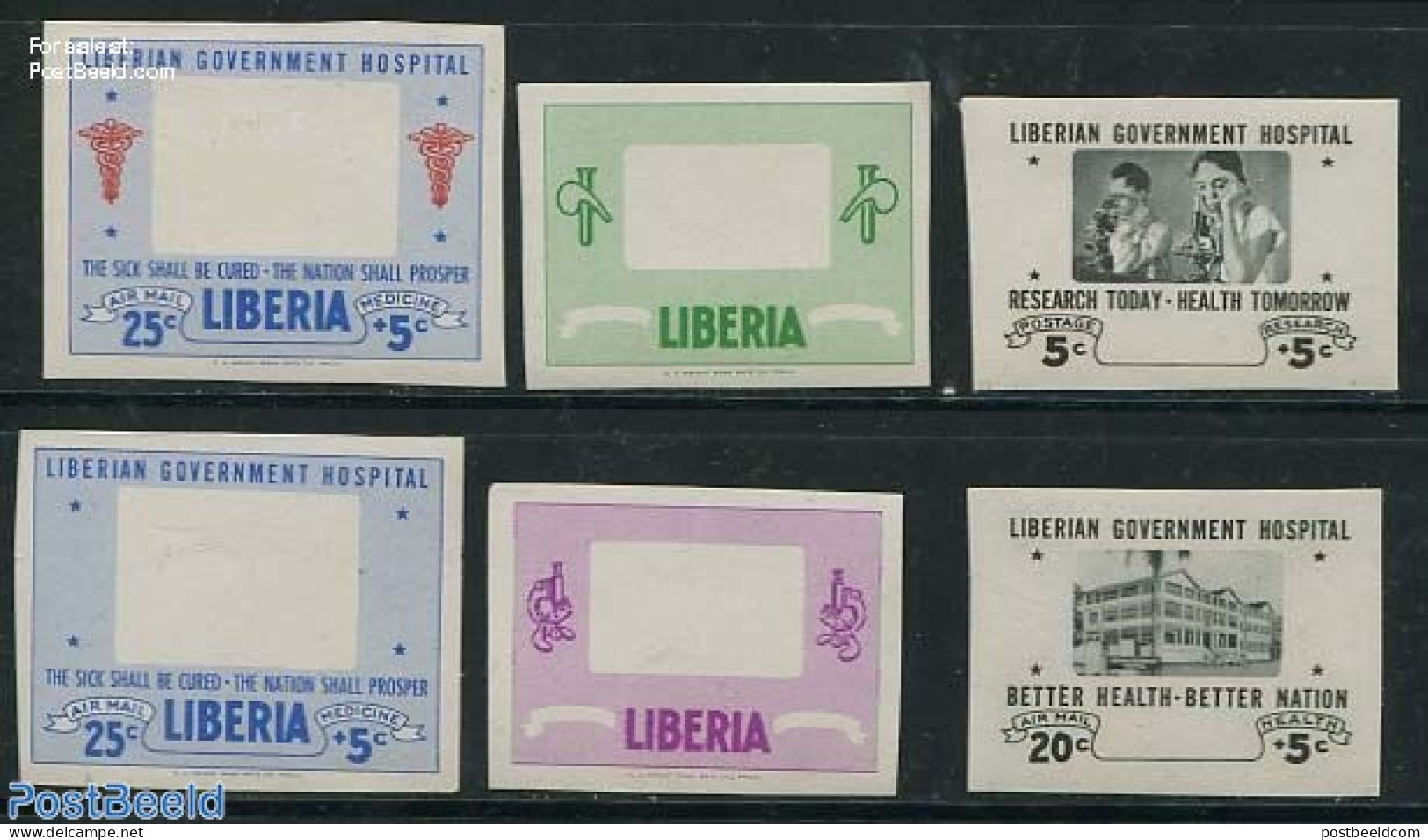 Liberia 1954 Hospital, 6 Stamps With Missing Colours, Mint NH, Health - Various - Health - Errors, Misprints, Plate Fl.. - Fouten Op Zegels