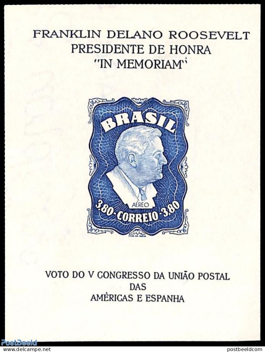 Brazil 1949 Roosevelt S/s With WM In Border, Mint NH, History - American Presidents - Ungebraucht