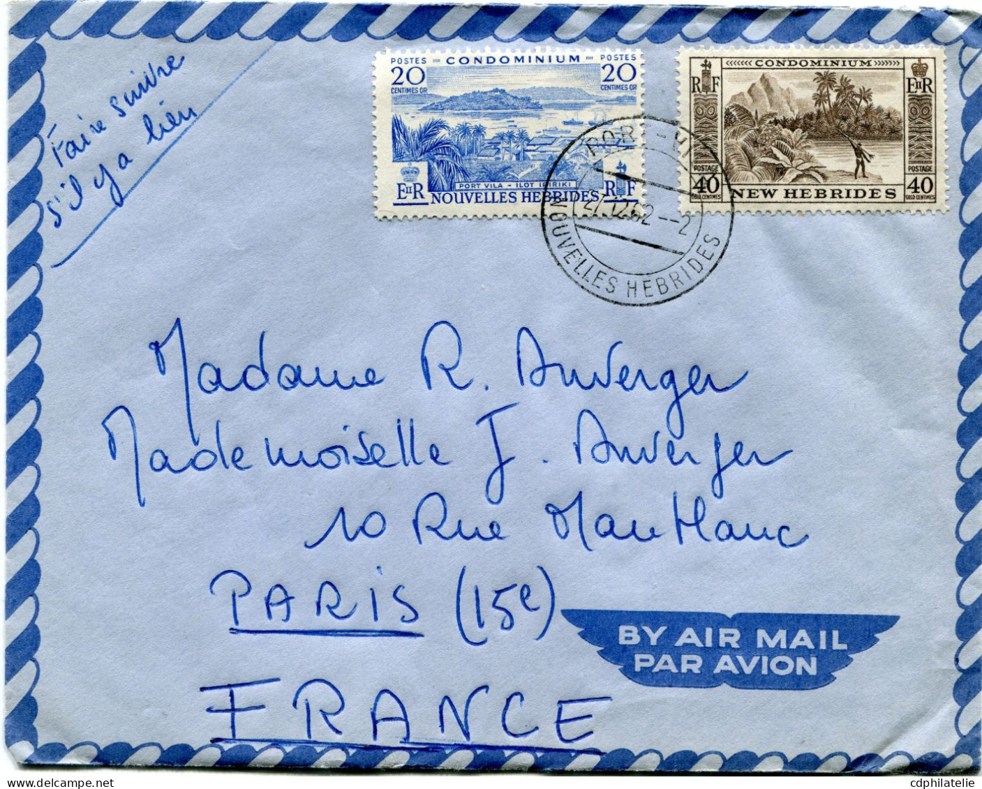 NOUVELLES-HEBRIDES LETTRE PAR AVION DEPART PORT - VILA 27-12-62 POUR LA FRANCE - Brieven En Documenten