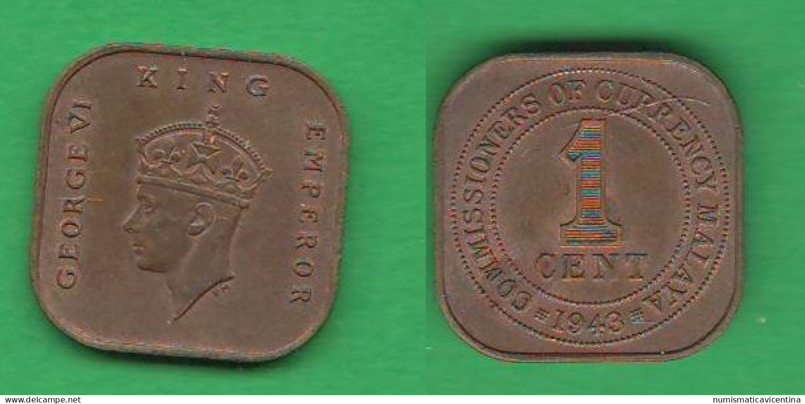 Malaya 1 Cent 1943 Malaysia Malesia King George VI° Bronze Coin C 3 - Maleisië