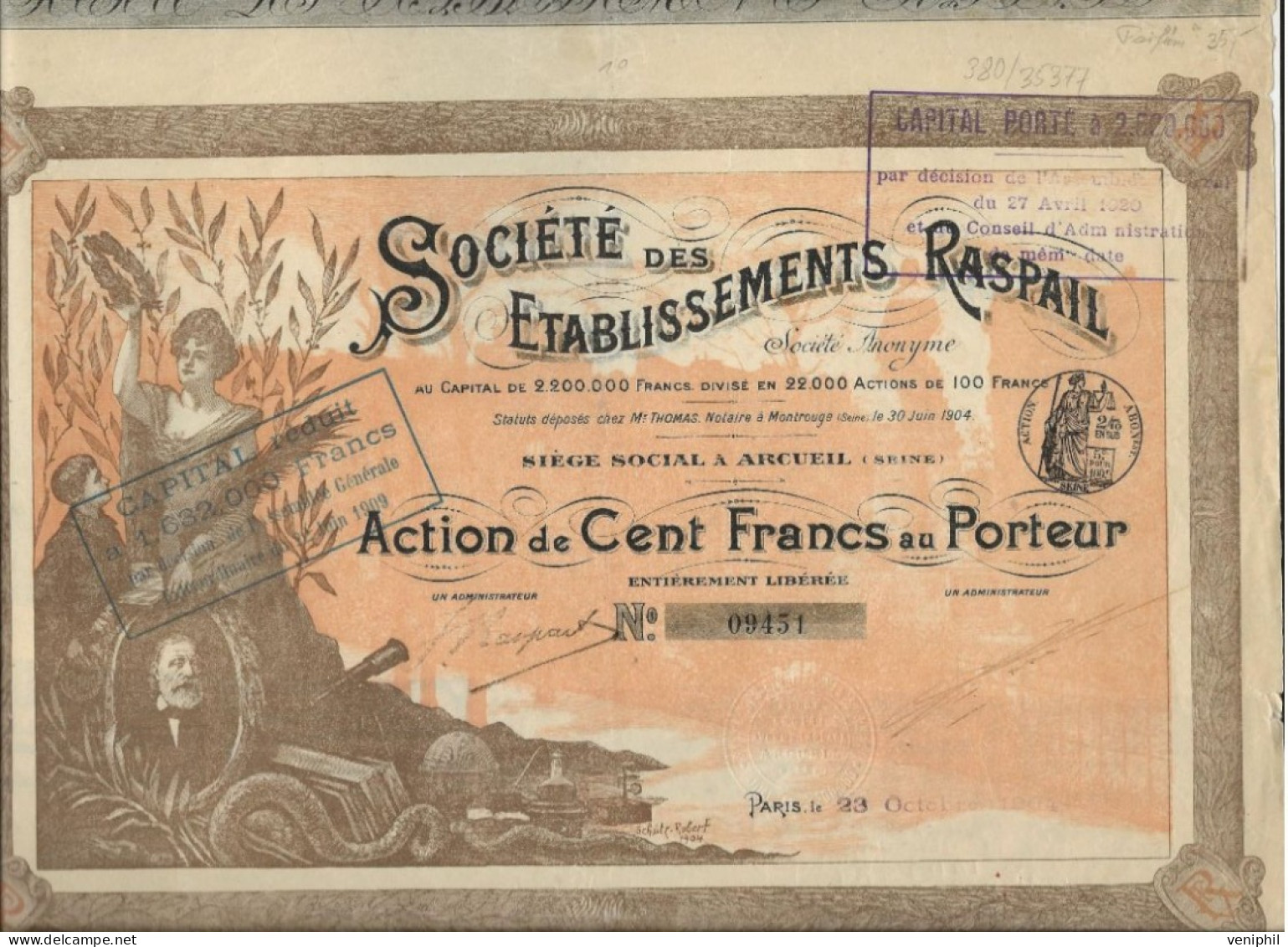 SOCIETE DES ETABLISSEMENTS  RASPAIL - (PARFUMEUR)  ACTION ILLUSTREE DE 100 FRS - ANNEE 1904 - Parfum & Kosmetik