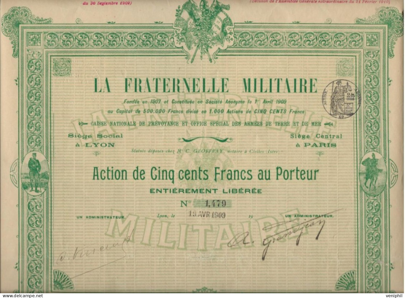 LA FRATERNELLE MILITAIRE -- CAISSE DE PREVOYANCE-ACTION ILLUSTREE DE 500 FRS - TIRAGE 1000   ANNEE 1909 - Bank & Insurance