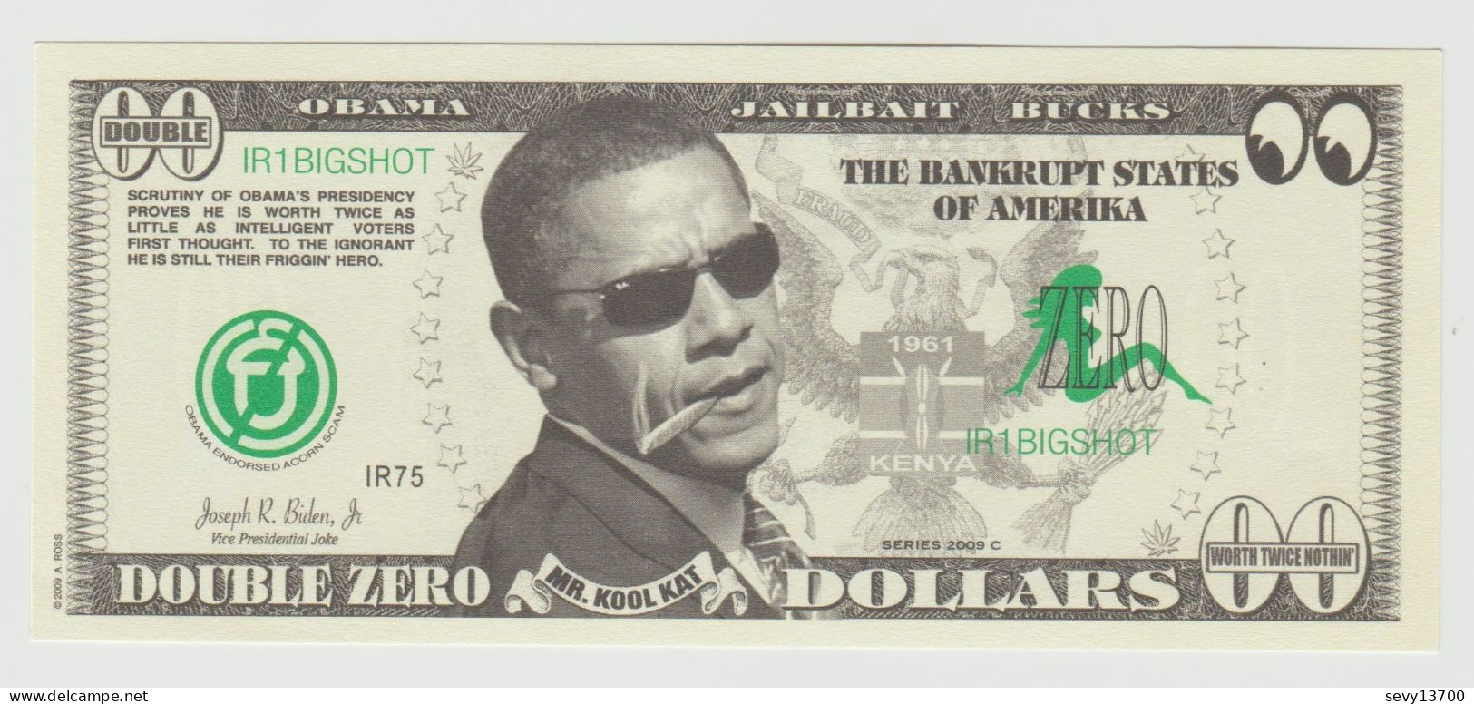 2 Billets Fantaisie Fictif Etats Unis USA Double Zéro Dollar Barack Obama Cigarette Aux Lèvres Et 44 Dollar Barack Obama - Specimen