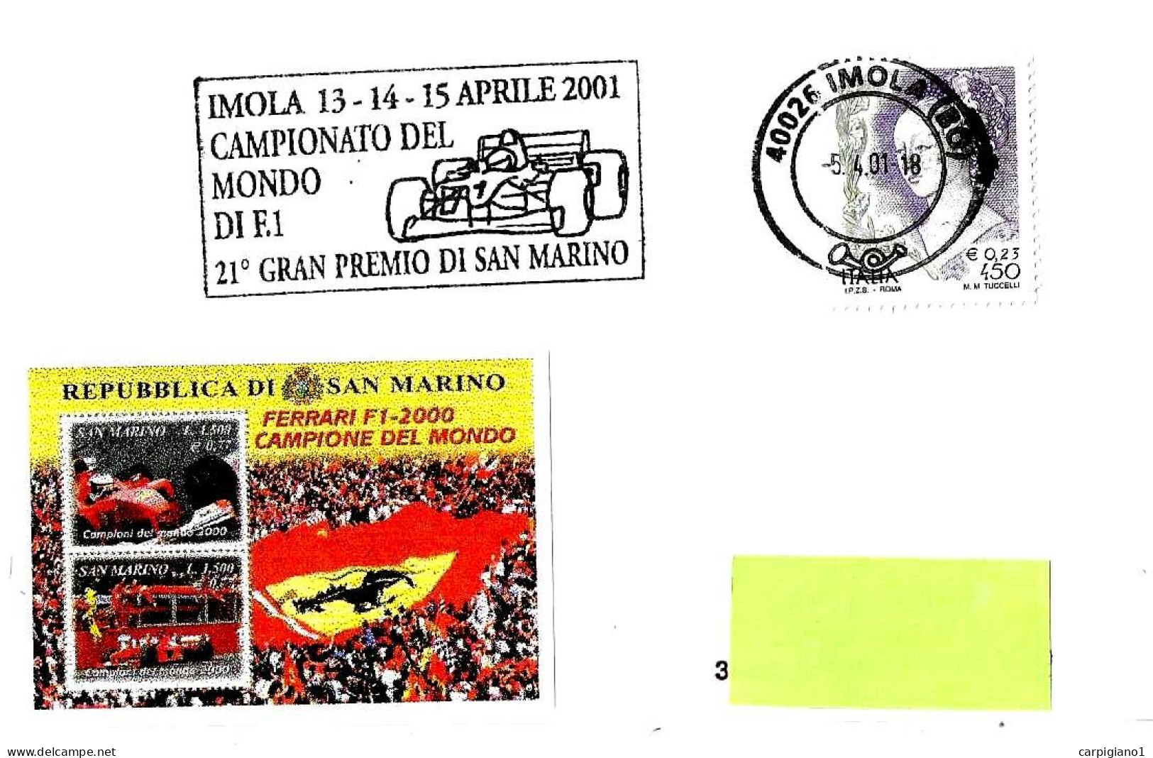 ITALIA ITALY - 2001 IMOLA (BO) 21° Gran Premio San Marino Campionato Mondo Automobilismo F1 Su Busta Viaggiata – 7757 - 2001-10: Storia Postale