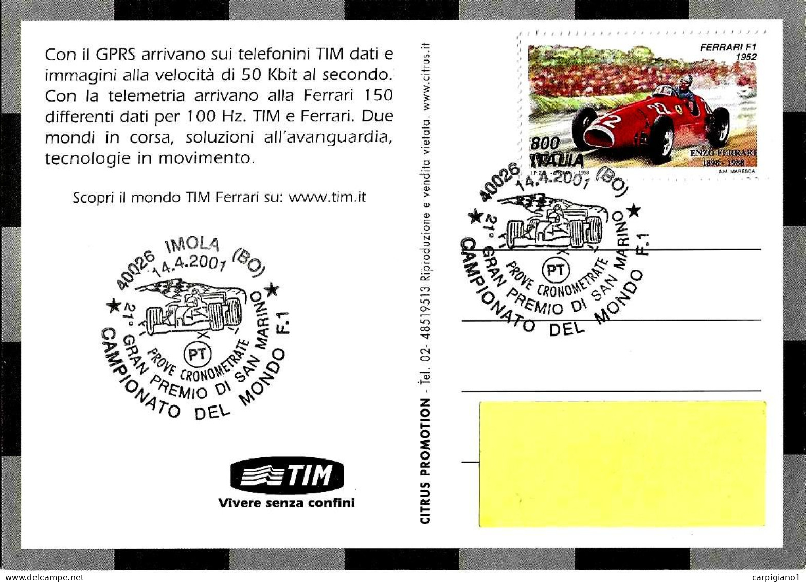 ITALIA ITALY - 2001 IMOLA (BO) 21° GP S.Marino Campionato Mondo F1 Prove Cronometrate Su Cartolina Tim Ferrari - 9237 - 2001-10: Storia Postale