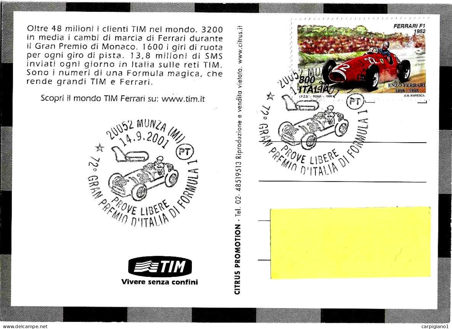 ITALIA ITALY - 2001 MONZA (MI) 72° GP D'Italia F1 Prove Libere (auto Ferrari 500, Circuito) Su Cartolina Tim - 9243 - 2001-10: Storia Postale