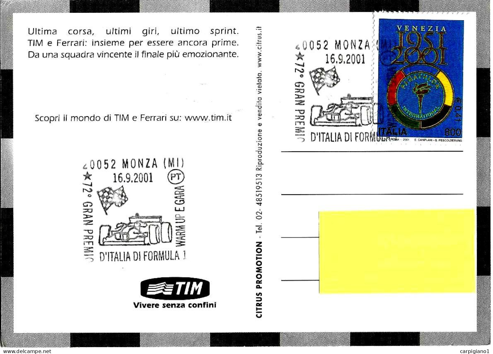 ITALIA ITALY - 2001 MONZA (MI) 72° GP D'Italia F1 Warm Up Gara (auto, Bandiera Scacchi) Su Cartolina Tim - 9247 - 2001-10: Poststempel