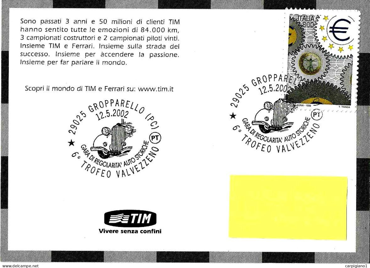 ITALIA ITALY - 2002 GROPPARELLO (PC) 6° Trofeo Valvezzeno Gara Regolarità Auto Storiche Su Cartolina Tim Ferrari - 9252 - 2001-10: Storia Postale