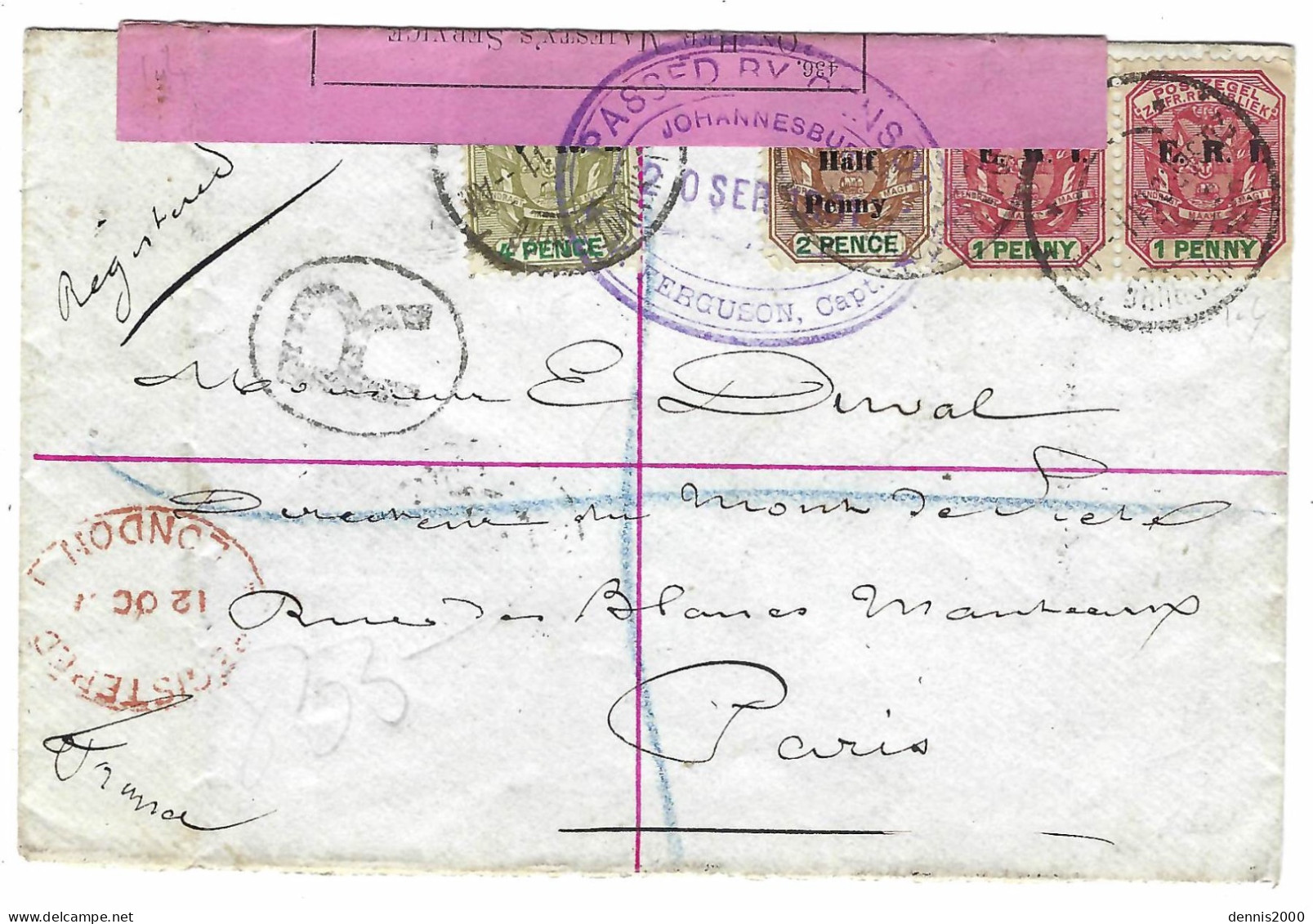 1901 - REG. Cover From Johannesburg To Paris - Mixed Fr. Great Britain Way - " PASSED BY CENSOR / Ferguson Capt. " - Transvaal (1870-1909)