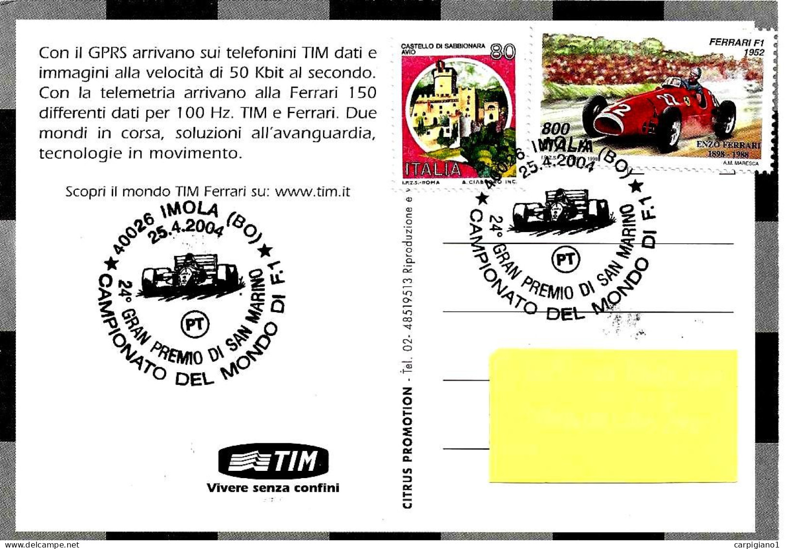 ITALIA ITALY - 2004 IMOLA (BO) 24° GP Auto F1 Campionato Mondo Su Cartolina Tim Ferrari - 9316 - 2001-10: Storia Postale