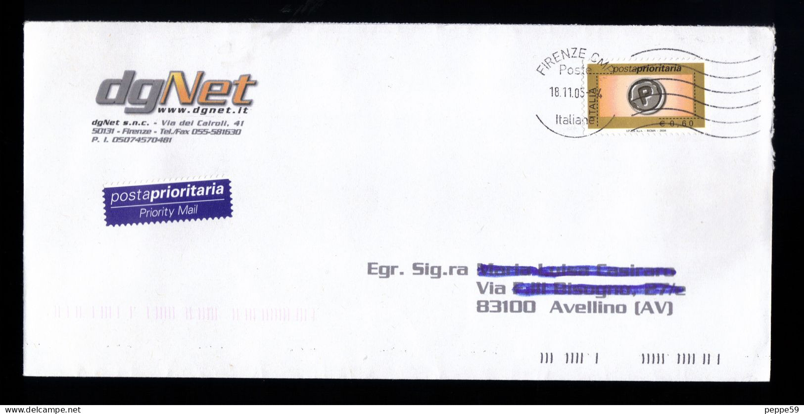 Busta Pubblicitaria Affrancata - DgNet.it Firenze - Posta Prioritaria 2004 Da 0.60 - 2001-10: Storia Postale