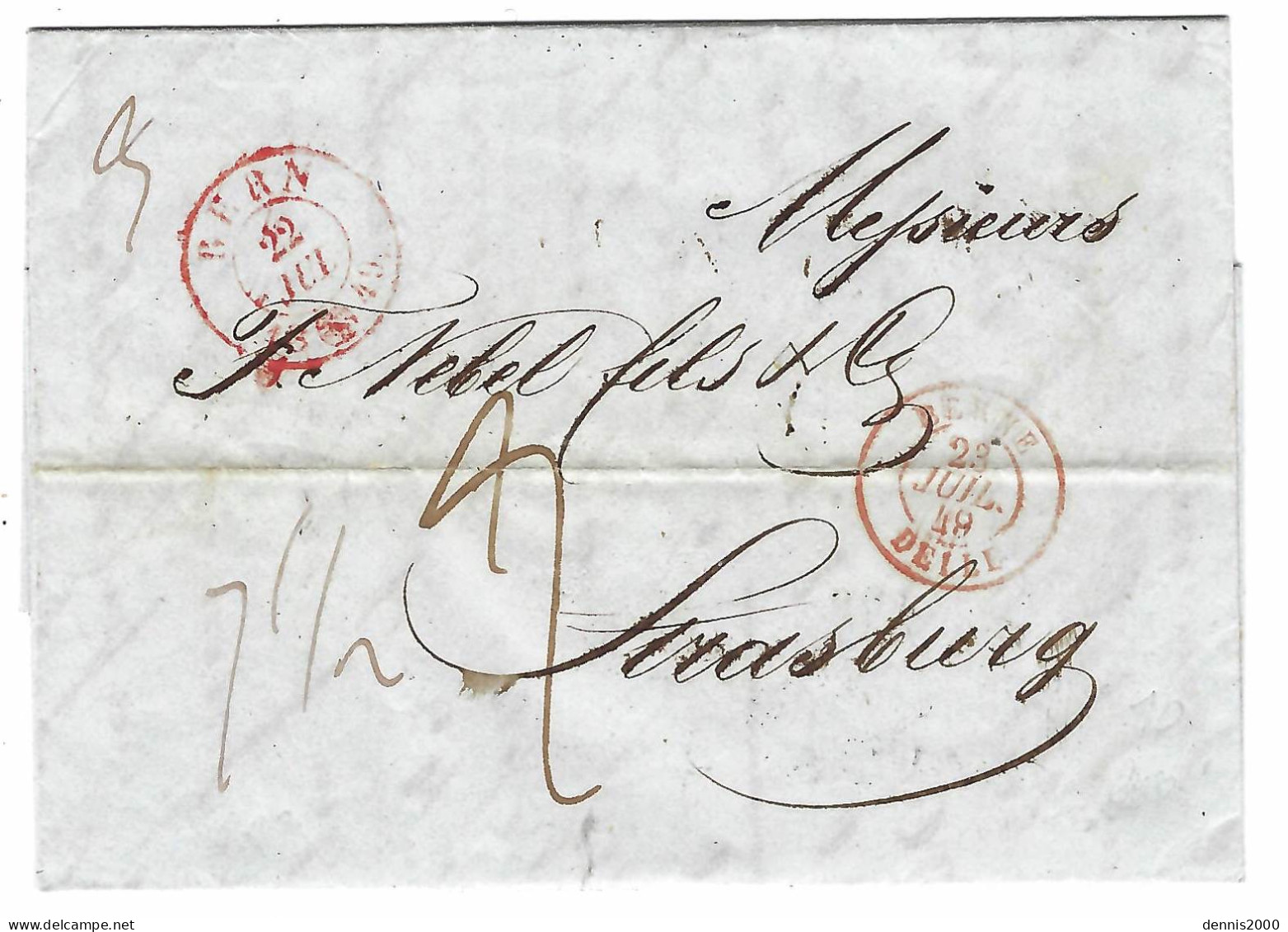 1848 - Lettre De BERN ( SUISSE ) Taxe 9 D ( Poids 7 1/2 ) Pour Strasbourg Entrée BERNE / DELLE ( Réf. Noël 690 ) - 1843-1852 Timbres Cantonaux Et  Fédéraux