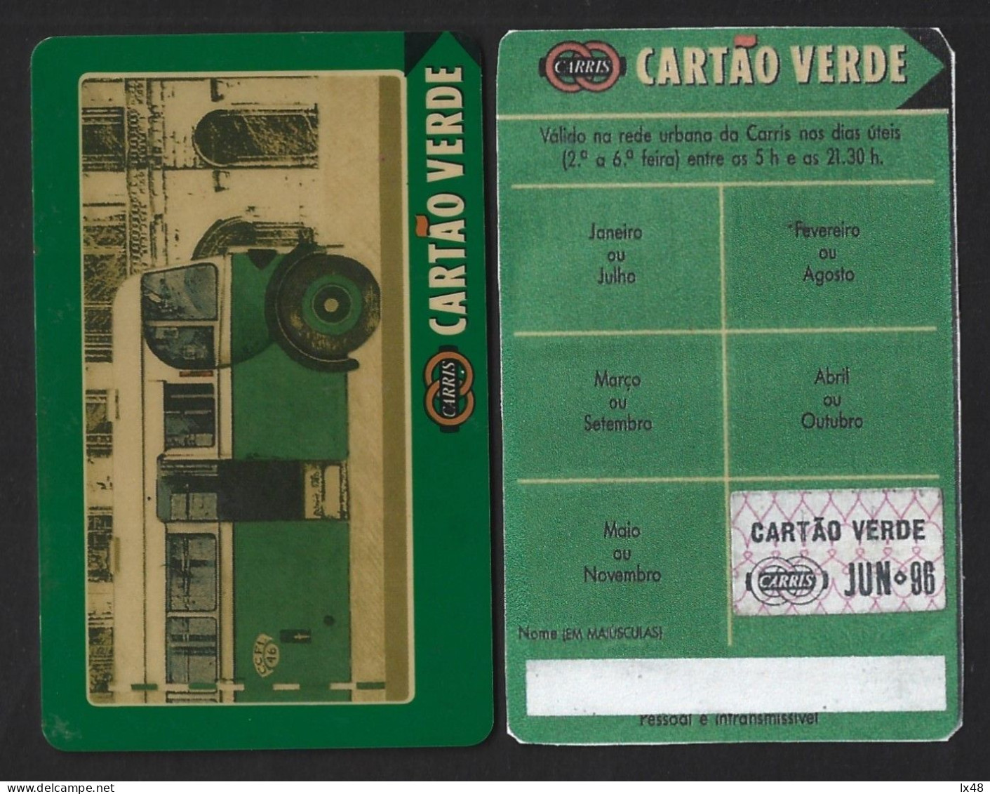 Monthly Bus Card From Companhia De Carris De Lisboa. Worker's Ticket. Green Card June 1986. Cartão Verde Mensal De Autoc - NAVO