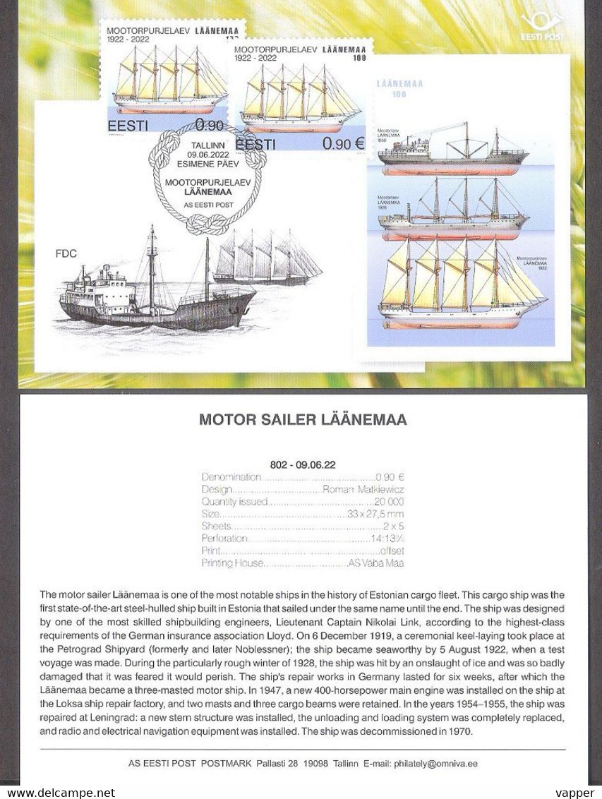 Motor Sailer Läänema 2022 Estonia  Stamp Presentation Card (eng) Mi 1050 - Barcos