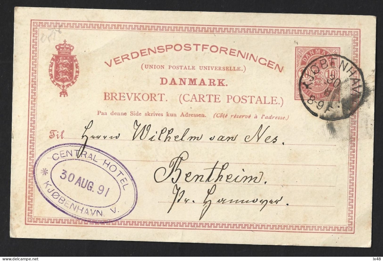 Entire Postcard Denmark 1891. Lion. Obliteration Central Hotel Copenhagen. Helt Postkort Fra Danmark Fra 1891. Løve Udsl - Settore Alberghiero & Ristorazione