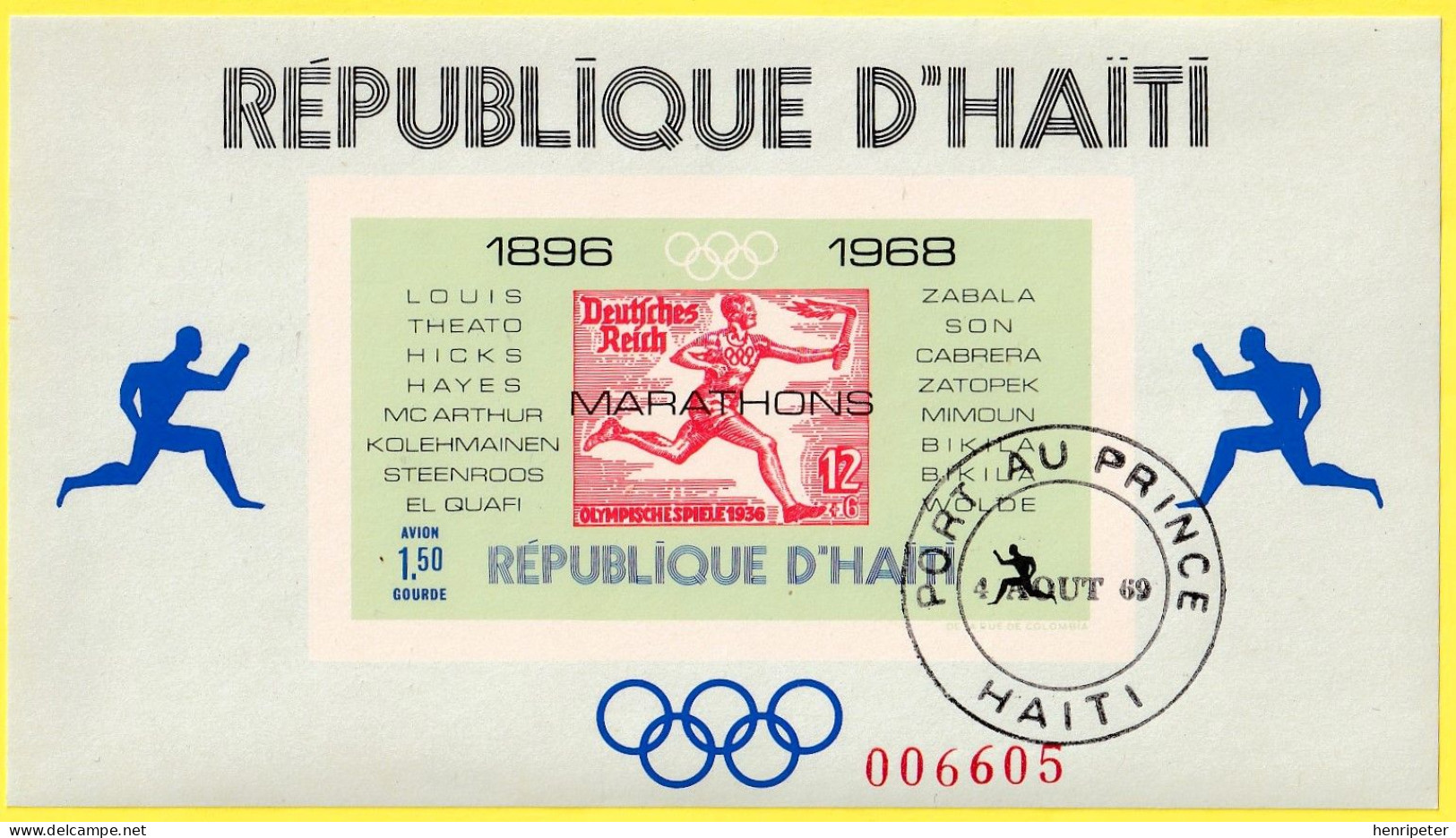 Bloc-feuillet Oblitéré Vainqueurs Du Marathon Des Jeux Olympiques 1896-1968  N° BF26A (Yvert) - République De Haïti 1969 - Haïti