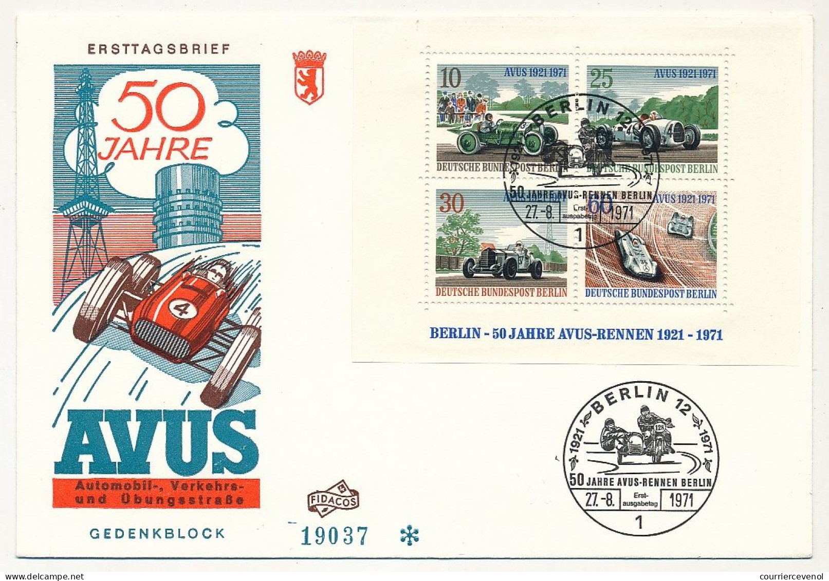 Germany, Berlin 1971 FDC Scott 9N315 S/S 50th Anniversary Avus Race Track - Race Cars - Autres & Non Classés