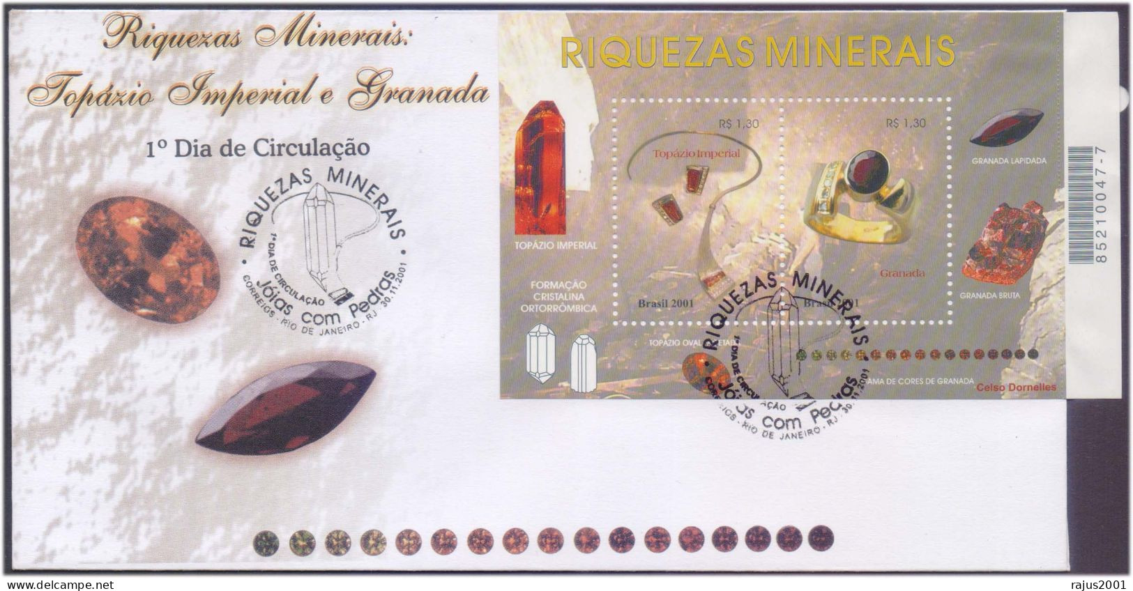 Mineral Riches Geology Mineral Garnet, Imperial, Topaz, Minerals Gems Stone, Jewellery Brazil MS FDC 2001 - Minerales