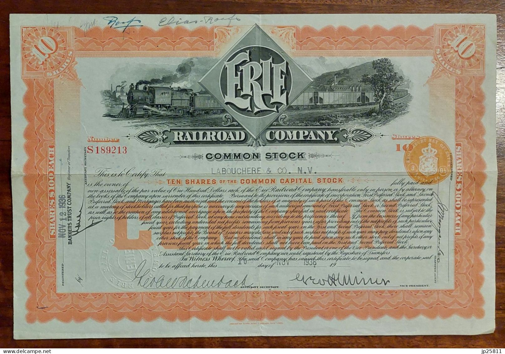 USA - Erie Railroad Company 10 Common Shares 1936 - Autres & Non Classés