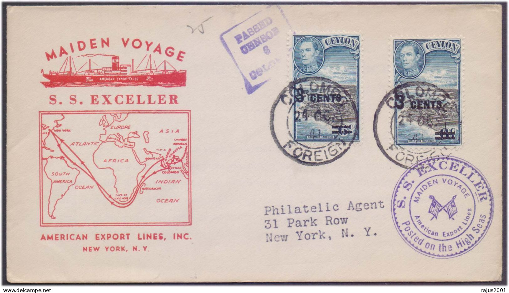 Maiden Voyage Ceylon S.S. EXCELLER Ship, Map, American Export Lines PASSED CENSOR 6 COLOMSS Sea Mail 1941 Censored Cover - Ceylon (...-1947)