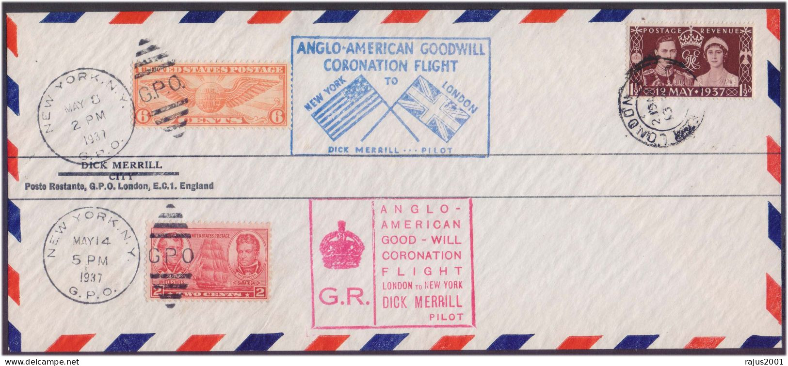 Anglo American Goodwill Coronation Flight LONDON TO NEW YORK DICK MERRILL PILOT Special Flight Cover USA Britain 1937 - Briefe U. Dokumente