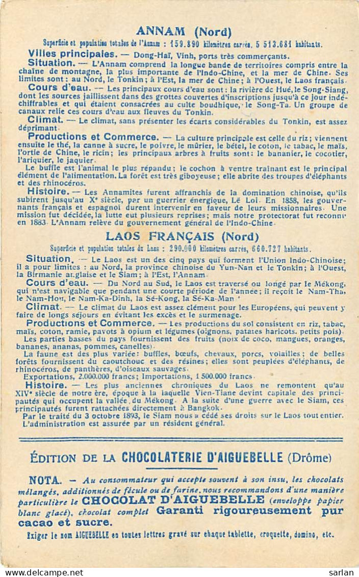 ANNAM & LAOS Nord , Carte Géographique De La Chocolaterie D'Aiguebelle + Descriptif Au Dos  , * 504 46 - Laos