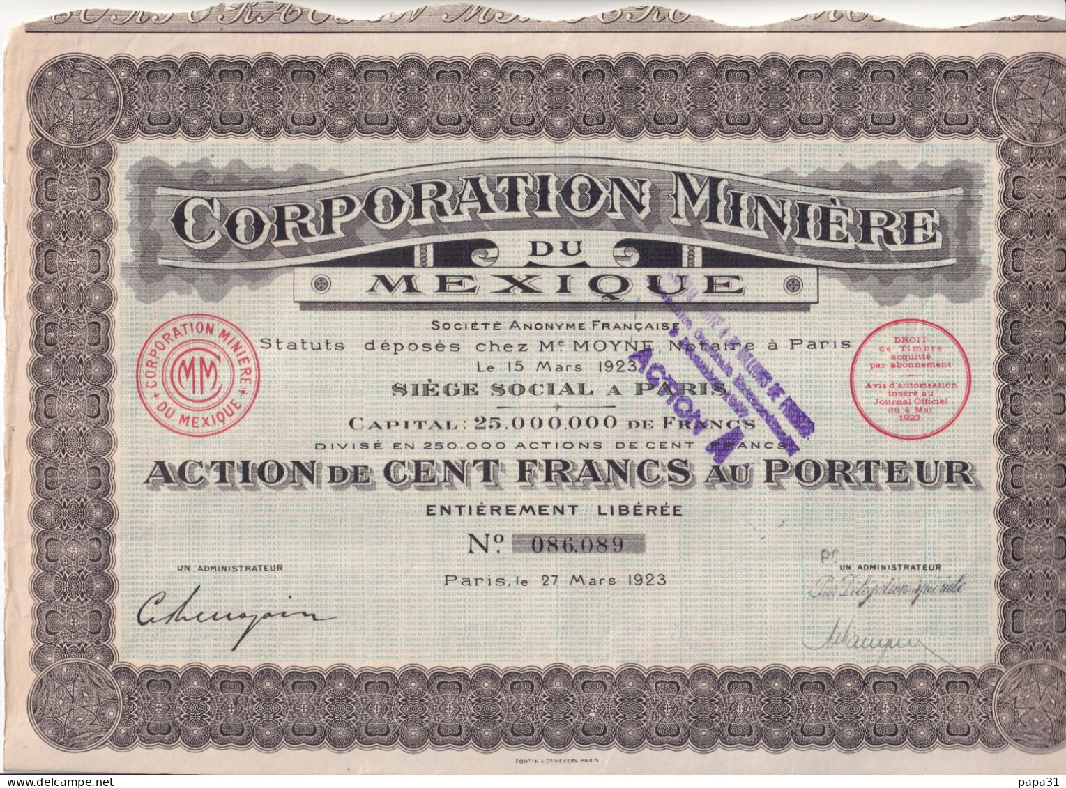 Action " Corporation Minière Du Mexique " Paris 1923  Bon état - Mines