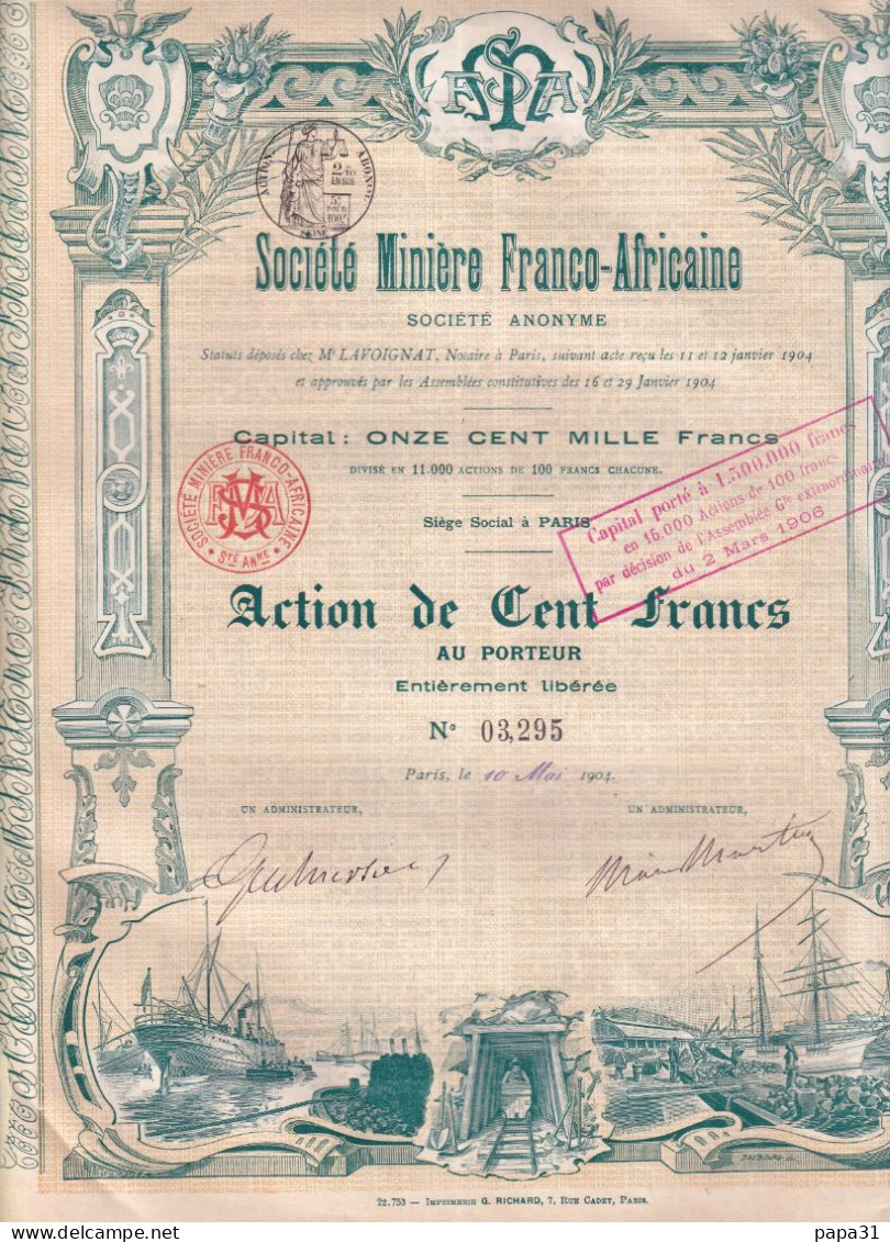 ACTION  Société Minière Franco-Africaine - Miniere