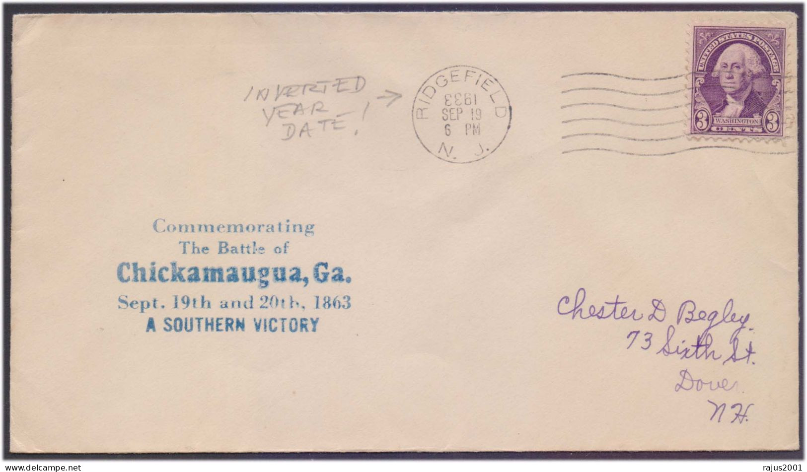 Battle Of Chickamauga Civil War Southern Victory, INVERTED ERROR YEAR DATE POSTMARK Cover SPONSORED BY LLOYD R. OSTNER - Errors, Freaks & Oddities (EFOs)