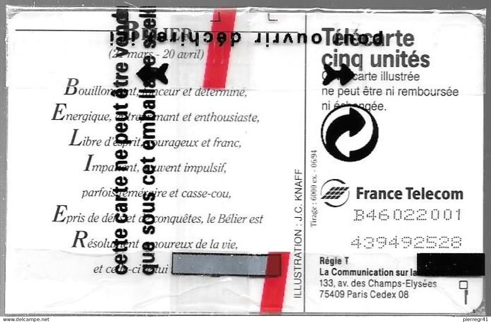 CARTE²°-FR-PRIVEE-Gn 52-GEMA-06/94-HOROSCOPE-BELIER-NSB- TBE-LUXE - 5 Unità