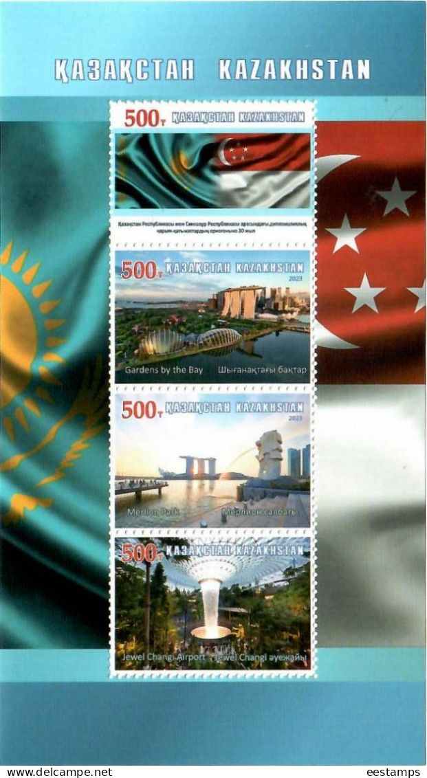 Kazakhstan 2023 . Diplomatic Relations With Singapore (Flags, Bridges, Architecture ). S/S - Kazakhstan