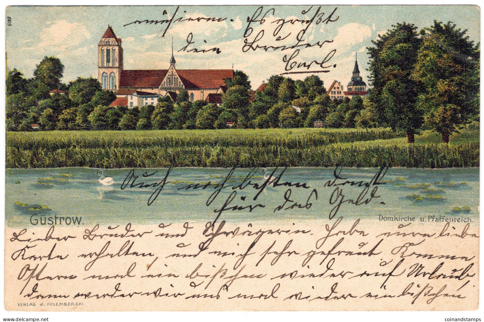 Postkarte Güstrow -Domkirche Und Pfaffenteich, Litho, 1908, Orig. Gelaufen Nach Altona, I-II - Güstrow