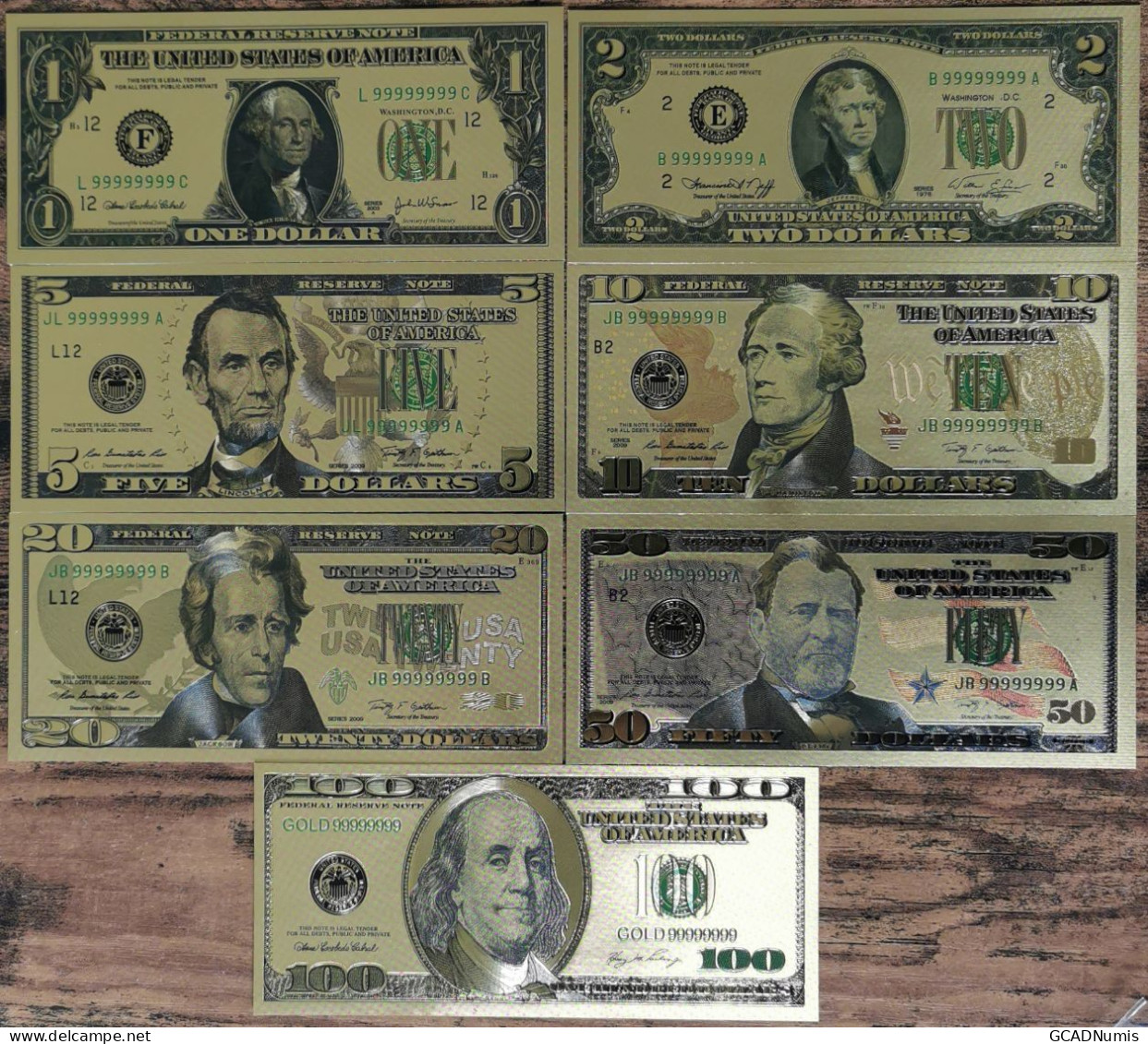 Série 7 Billets 1 à 100 Dollars USA - Polymère Feuille D'Or - Etats-Unis - Sets & Sammlungen